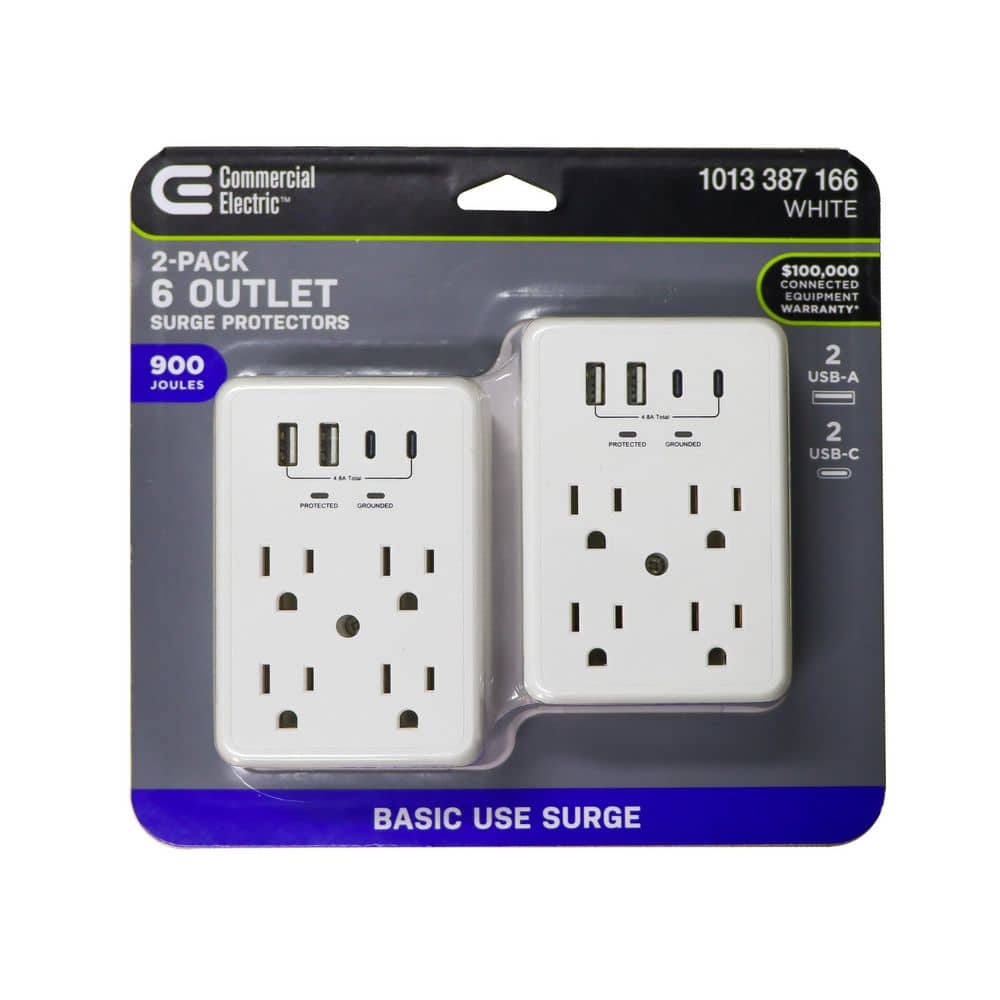 Commercial Electric 6-Outlet Wall Mounted Surge Protector with 2-USB-A and 2-USB-C, White (2-Pack) (3)