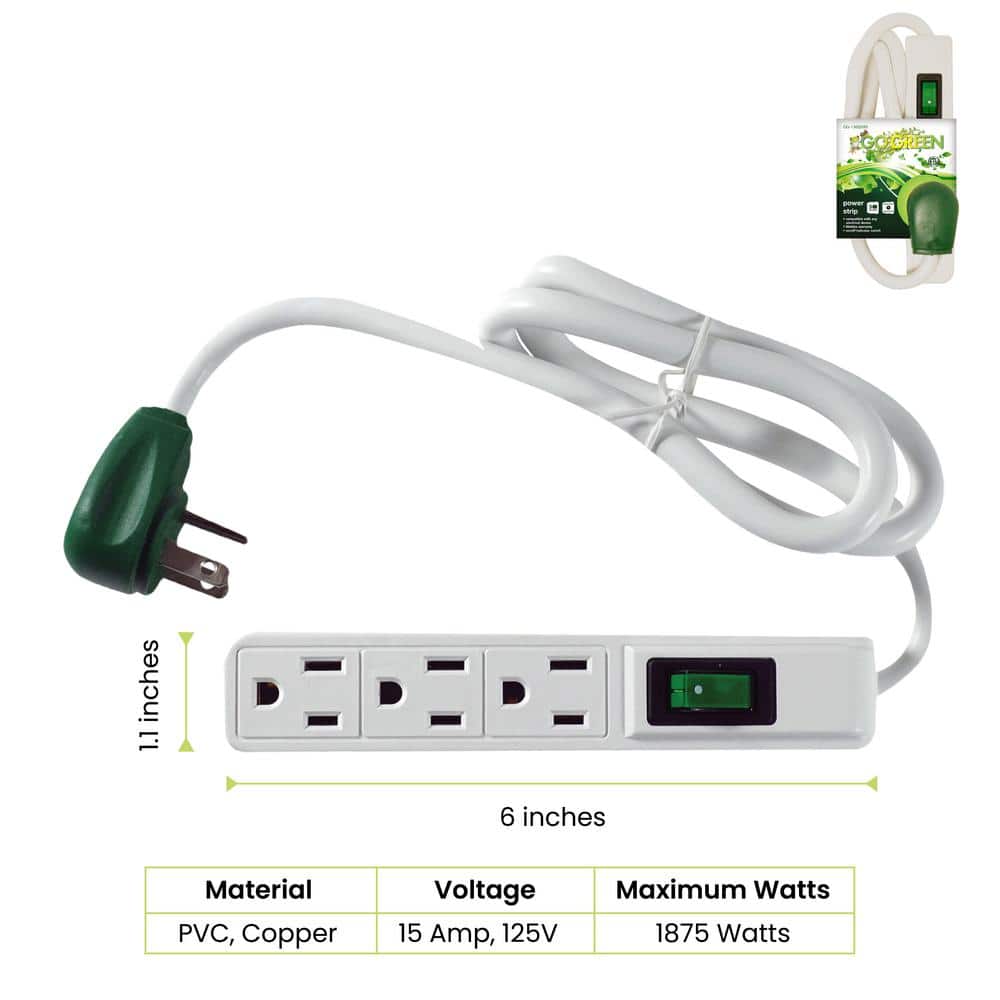 GoGreen Power 3-Outlet Power Strip 2.5 ft. Heavy Duty Cord 3-Outlet White (2)