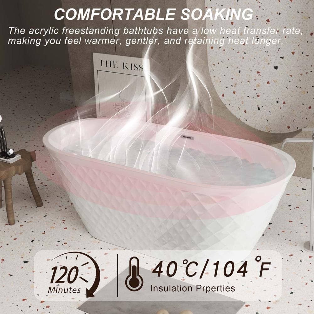 INSEEDE SORA 59 in. Diamond Pattern Spa-Like Freestanding Soaking Tub, Gloss White Acrylic with Overflow & Pop-Up Chrome Drain (3)