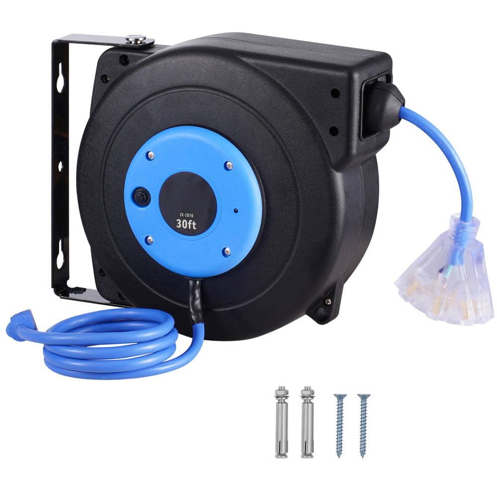 SVOPES 30 ft., 16 Gauge / 3 Conductors, 10 Amps Retractable Extension Cord Reel with 3-Outlets. Heavy Duty 16AWG/3C SJTOW Cord (1)