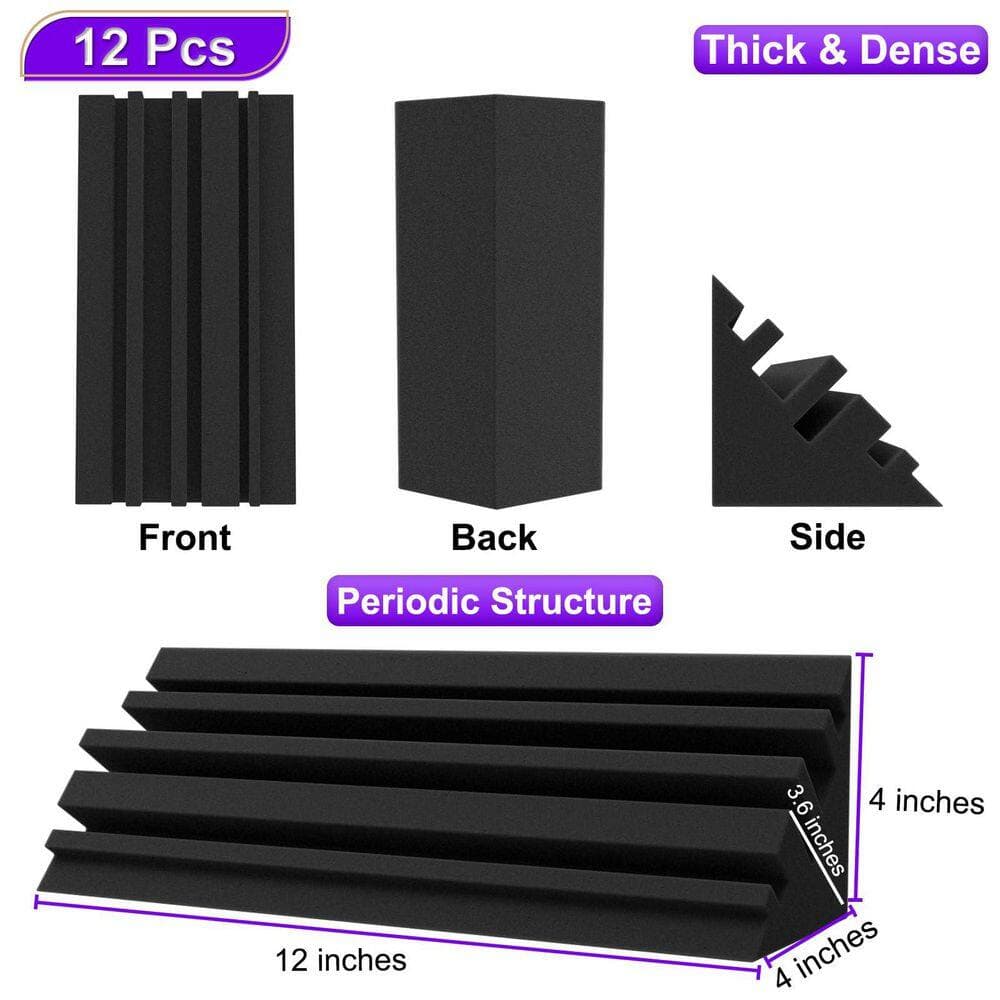 Laybus 4 in. x 4 in. x 12 in. Dense Thick Studio Bass Foam Corner (12-Pack), Acoustic Treatment Panel, Absorbing Echo Reverb (2)