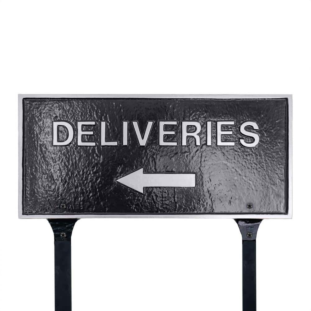 Montague Metal Products 7.25" x 15.25" Deliveries with Left Arrow Standard Rectangle Statement Plaque with Lawn Stakes - Black/Silver