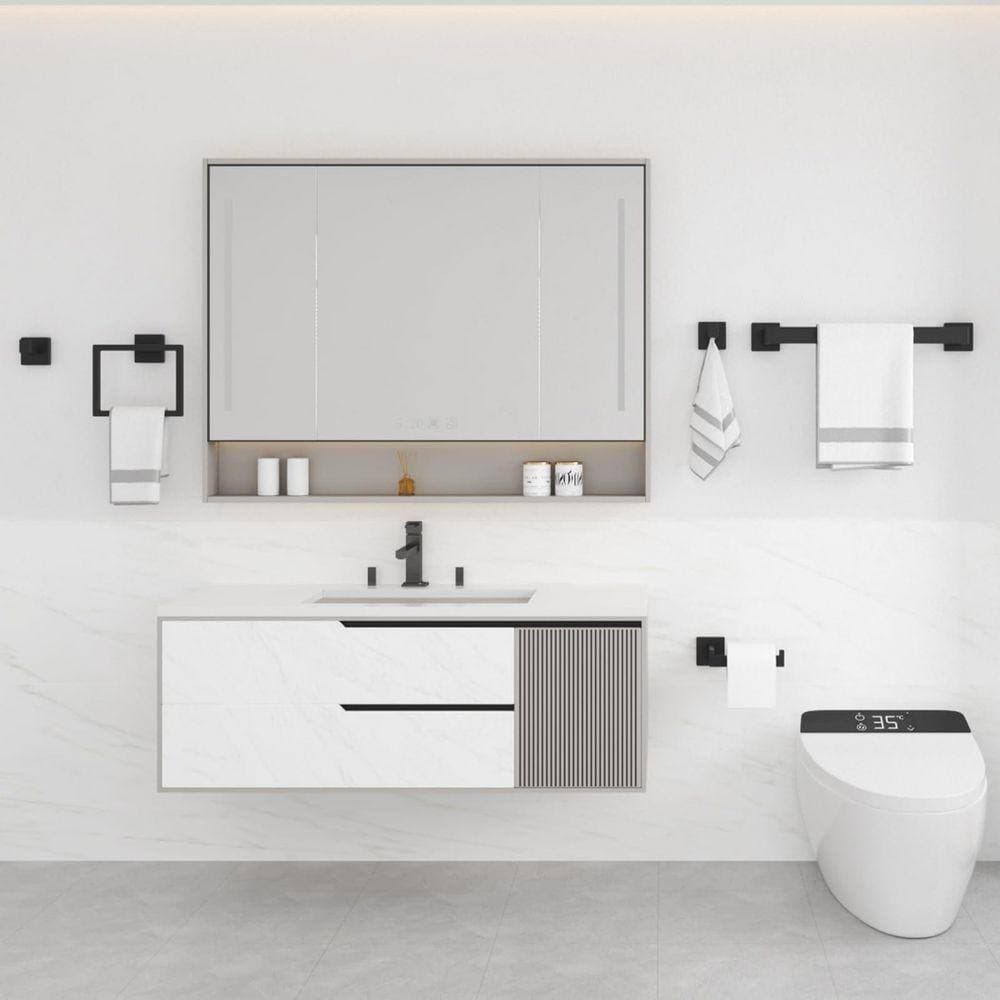 JFVKAF 5-Piece Bathroom Hardware Set with Towel Bar, Towel Ring, Toilet Paper Holder, Hooks in Matte Black (2)