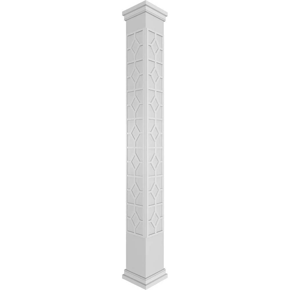 Ekena Millwork 9-5/8 in. 8 ft. Premium Square Non-Tapered Kinsman Fretwork PVC Column Wrap Kit with Prairie Capital and Base (1)