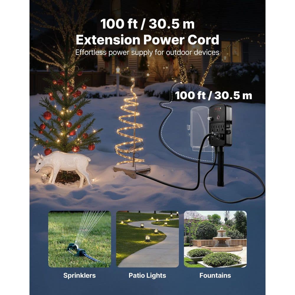 SKYSHALO 100FT. Outdoor Power Stake, Weatherproof Power Strip with Cover & Timer, 6 Outlets, 1625W/13A, Garden Lights Ready (3)