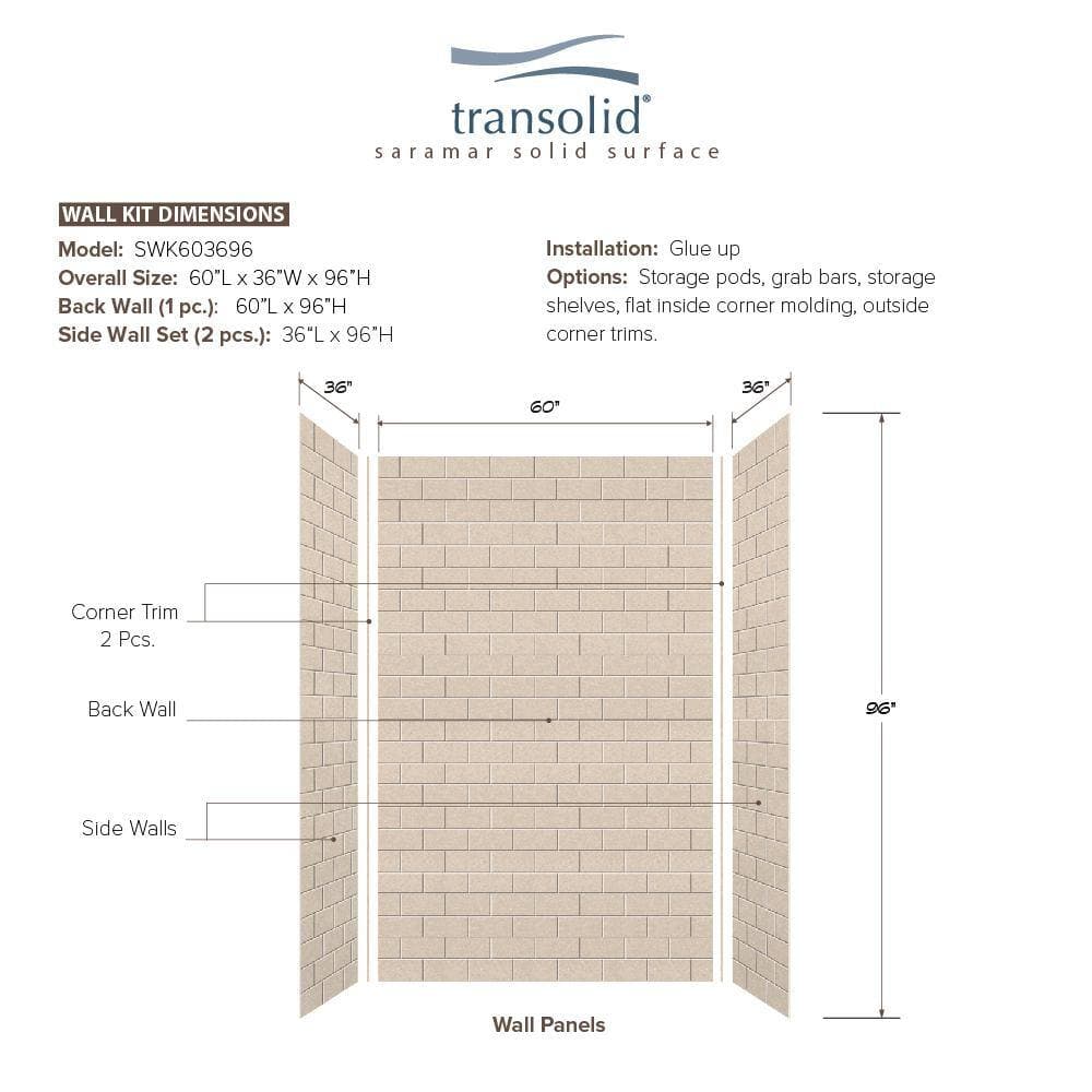 Transolid SaraMar 36 in. x 60 in. x 96 in. 3-Piece Easy Up Adhesive Alcove Shower Wall Surround in Cashew (3)