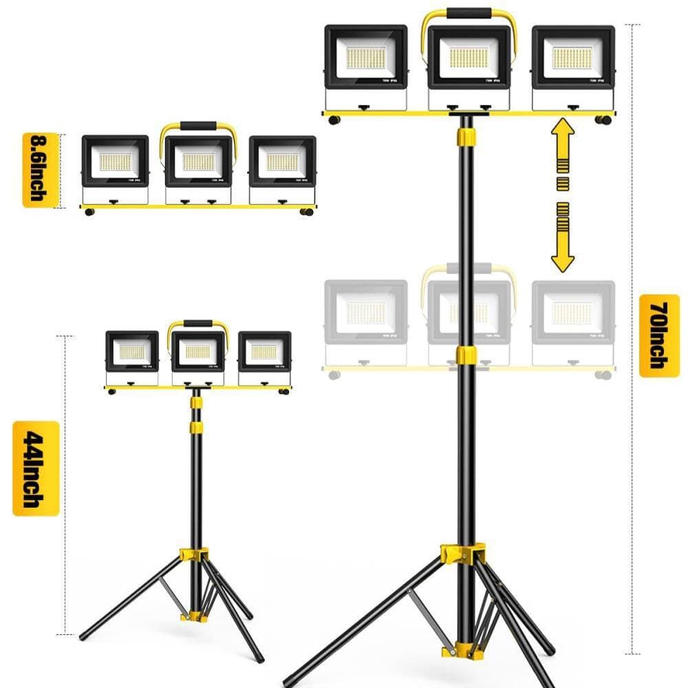BIBIVIS 3-Head LED Work Light, 120 Volt, 21000 Lumen Corded Tripod Construction Light, 70 in. Adjustable Height, IP66 Waterproof (2)