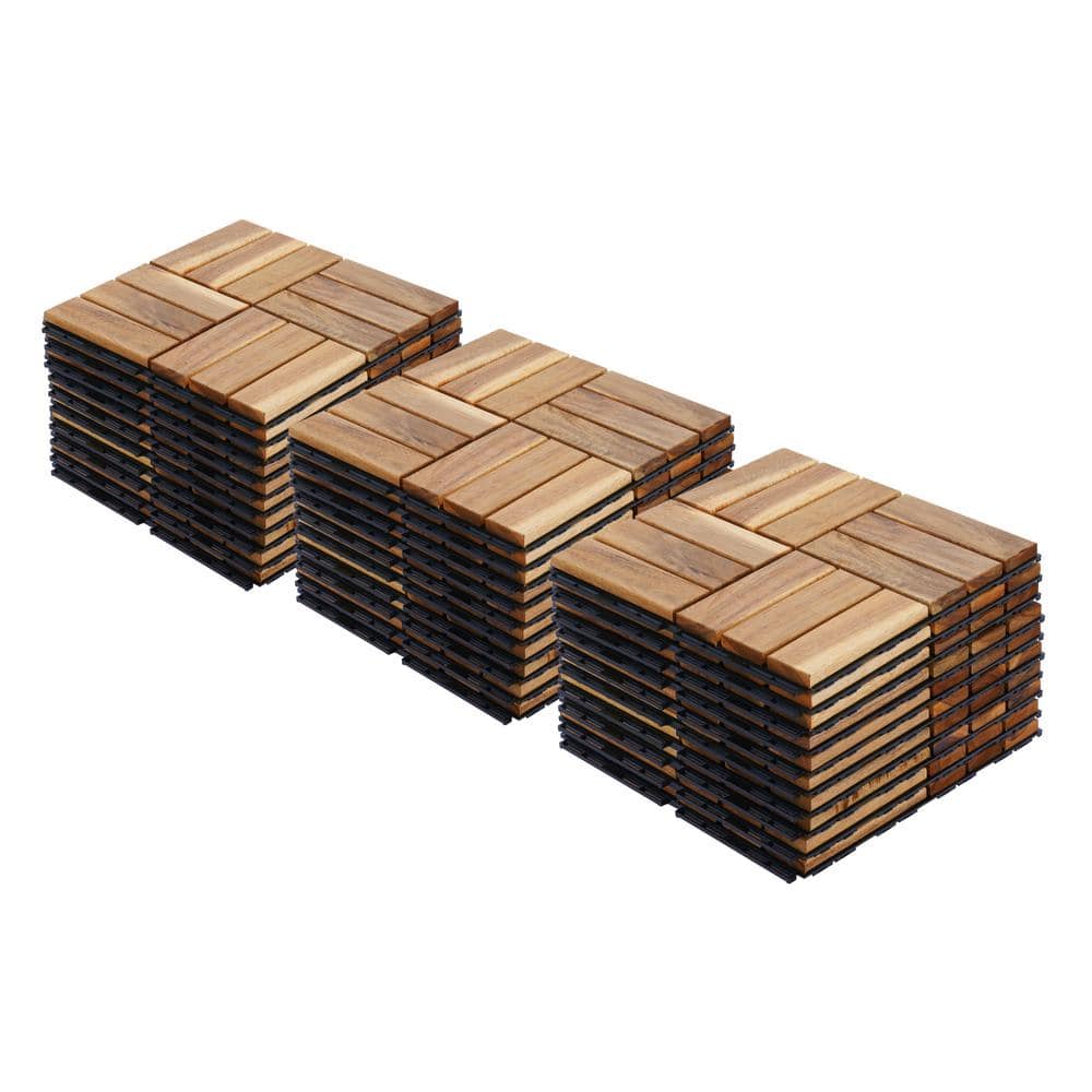 cadeninc 12 in. x 12 in. Square Interlocking Acacia Wood Outdoor Checker Pattern Flooring Tiles (Set of 30 Tiles)