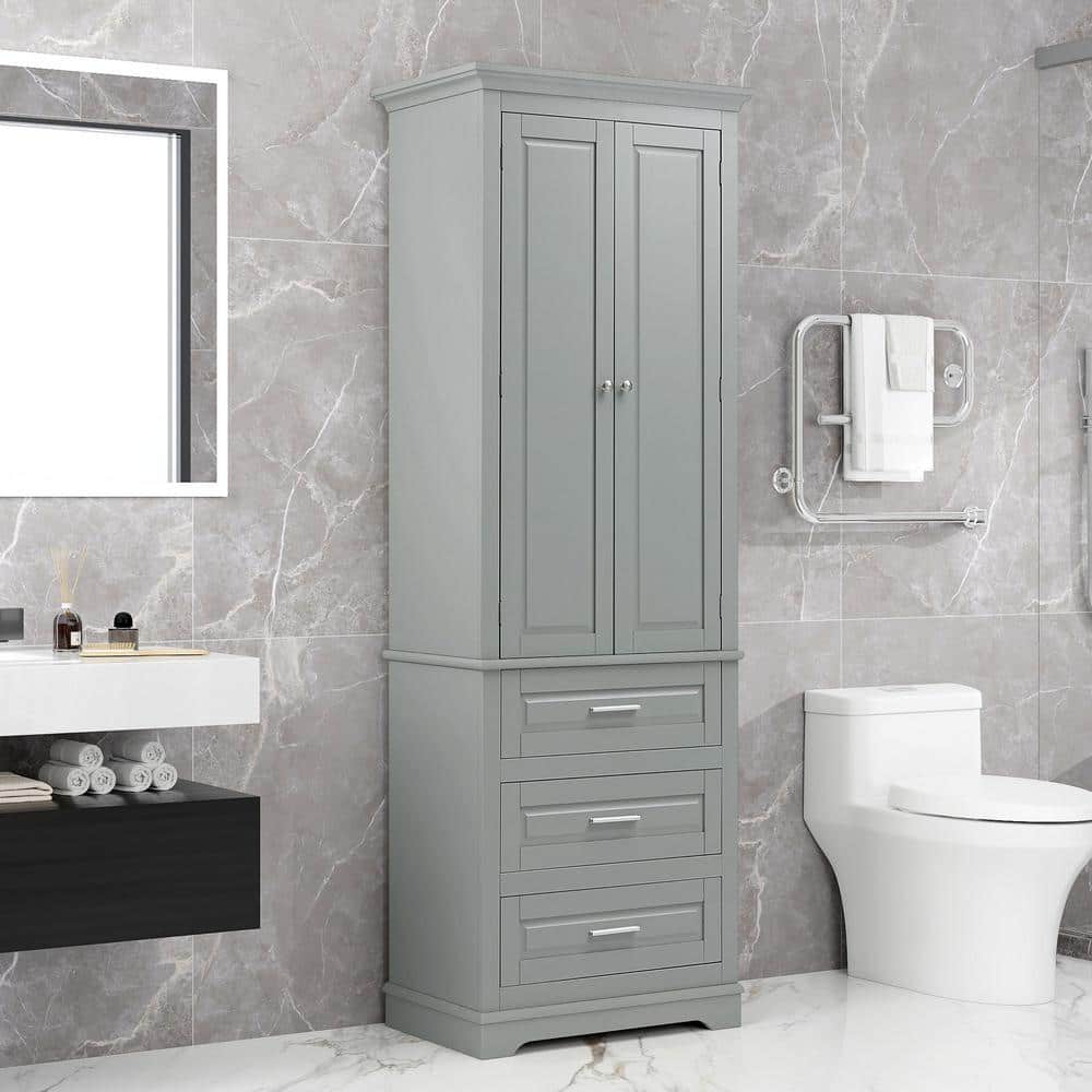 EPOWP 24 in. W 15.7 in. D 70 in. H Gray MDF Freestanding Tall Linen Cabinet with Adjustable Shelves and Drawers