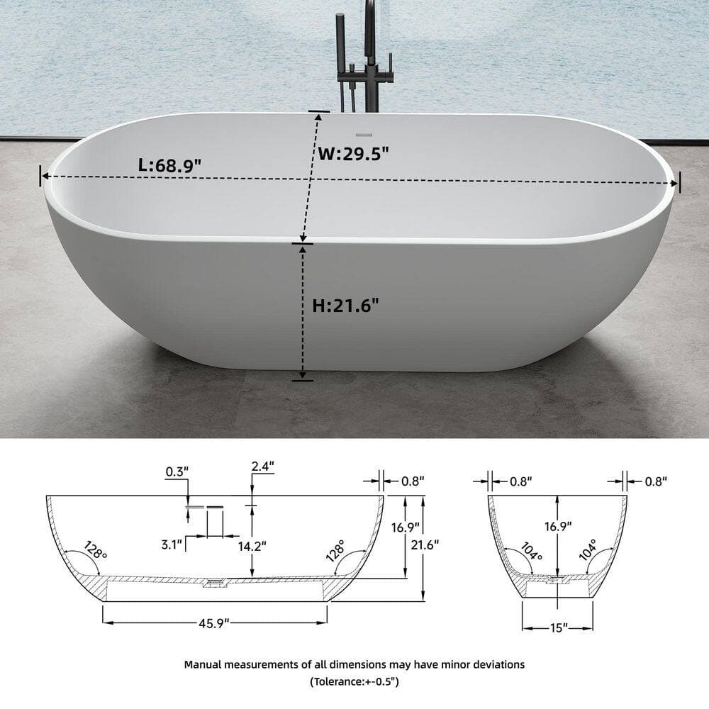 LIVACA 68.90 in. x 29.50 in. Flat Bottom Solid Surface Freestanding Soaking Bathtub with Center Drain in Matte White (2)
