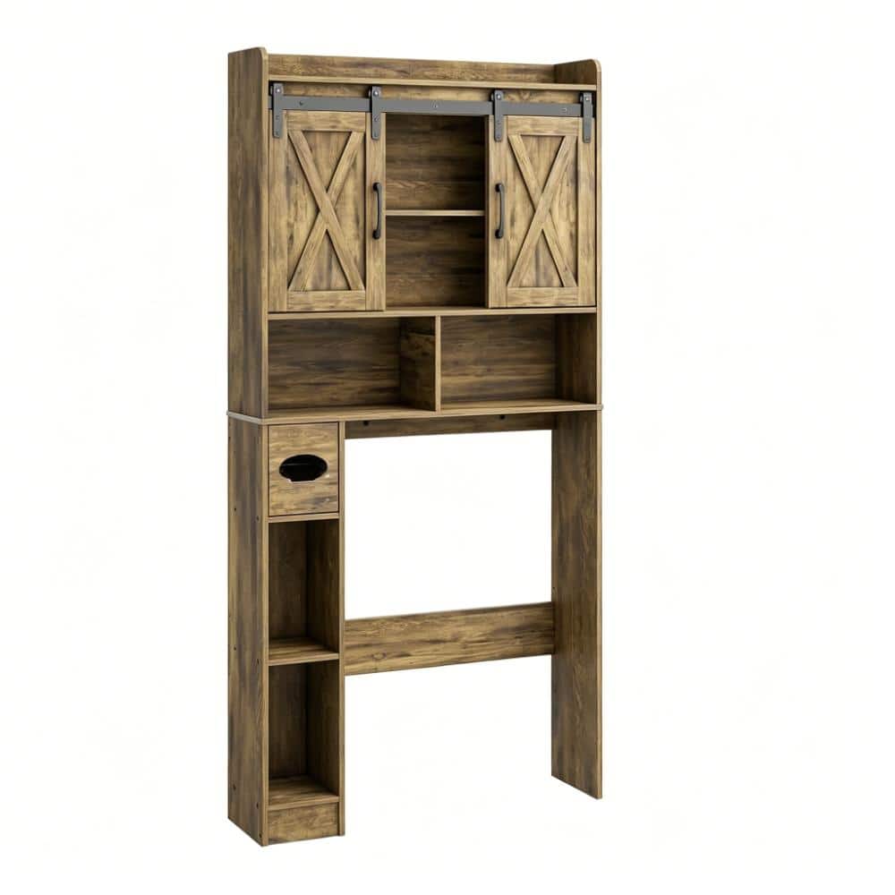 Whatseaso 32.29 in. W x 67.79 in H x 7.71 in. D Wood in Gray Over The Toilet Storage Cabinet with Sliding Door