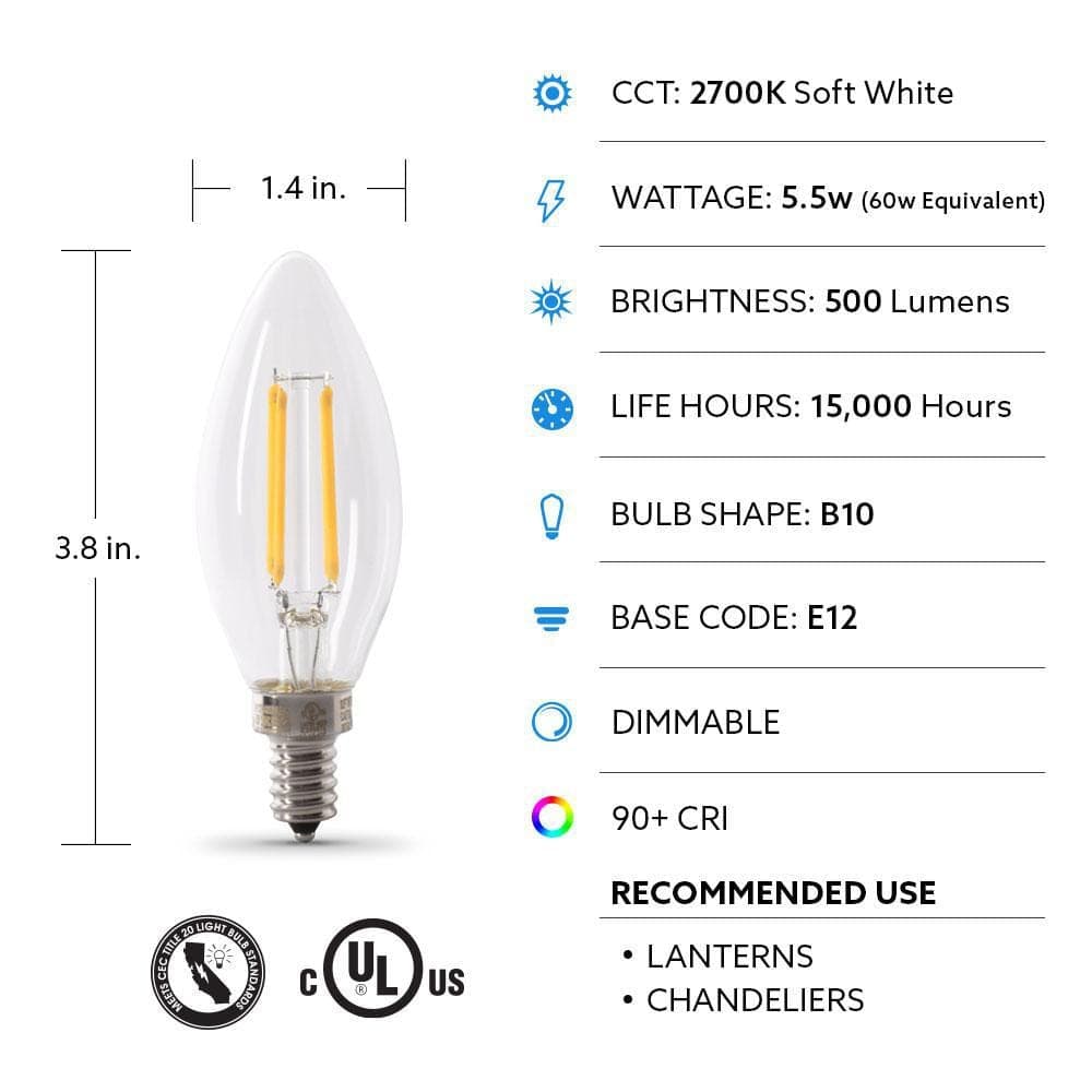 Feit Electric 60-Watt Equivalent B10 E12 Candelabra Dimmable Filament CEC Clear Glass Chandelier LED Light Bulb Soft White (4-Pack) (4)
