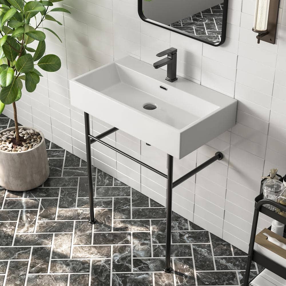 DEERVALLEY 30 in. Console Sink In White Ceramic with Legs and Overflow (1)