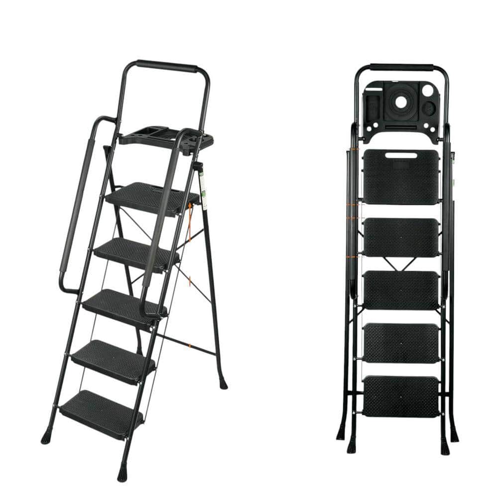 KIWDZFU Reach 60 in. H, 5 Step Ladder Portable Steel Folding Stool with Wide Anti-Slip Pedal Tool and Extended Handrail Black