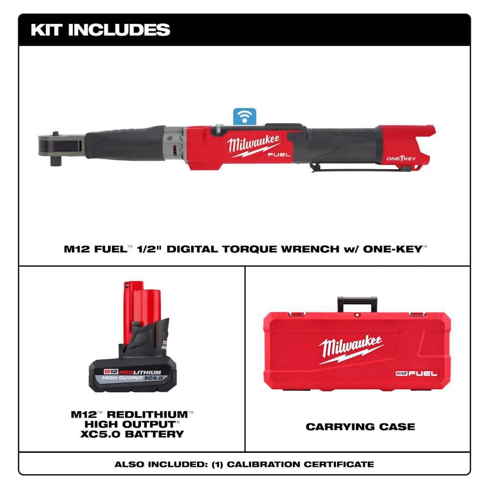 Milwaukee M12 FUEL ONE-KEY 12V Lithium-Ion Brushless Cordless 1/2 in. Digital Torque Wrench W/(1) 5.0Ah High Output Battery Pack (2)