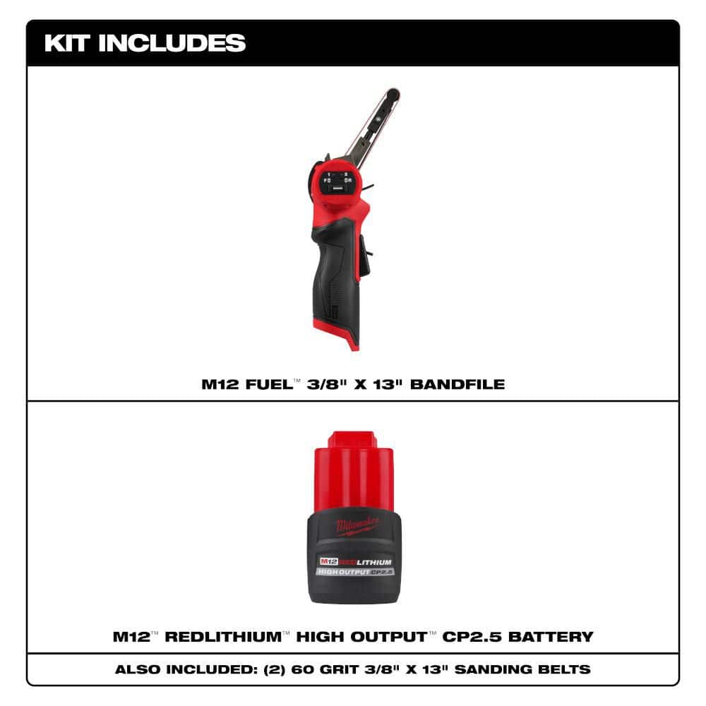 Milwaukee M12 FUEL 12V Lithium-Ion Brushless Cordless 3/8 in. x 13 in. Bandfile with M12 2.5 Ah Battery (2)