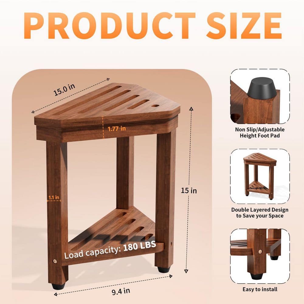 Wudkey 15 in Shower Foot Rest, Acacia Shower Stool for Shaving Legs, Corner Bath Shower Bench with Starage Shelf in Brown (2)