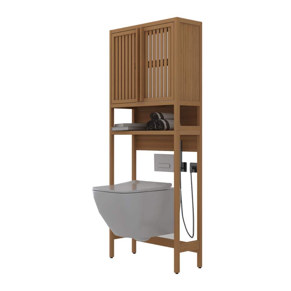 Tileon 26 in. W x 65 in. H Natural Bamboo Over Toilet Storage Cabinet, Bathroom Organizer with 2 Louvered Doors & Open Rack (2)