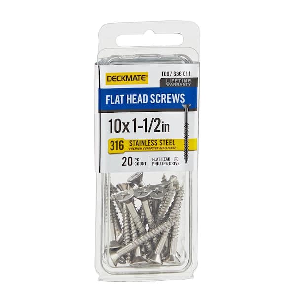 DECKMATE Marine Grade Stainless Steel #10 X 1-1/2 in. Flat Head Phillips Screw (20 Pieces) (2)