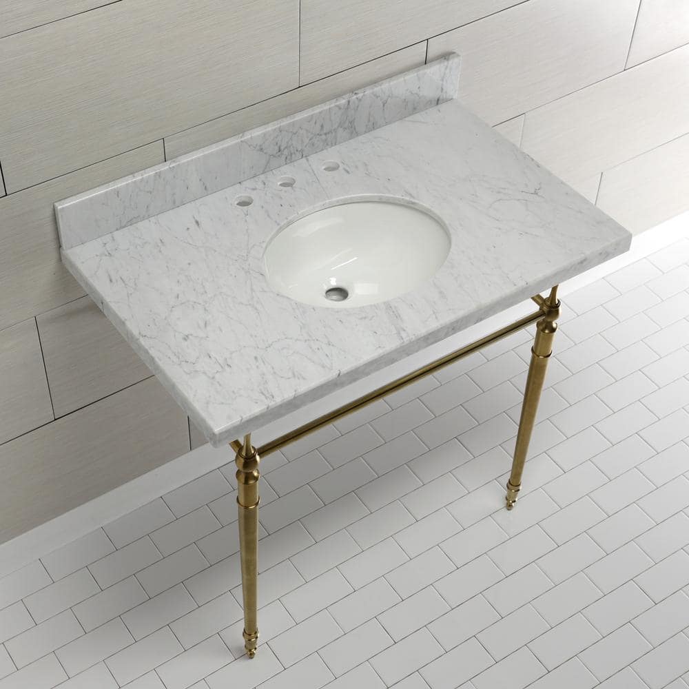 Kingston Brass Edwardian 36 in. Console Sink with Brass Legs (8 in., 3 Hole) in Marble White/Brushed Brass (2)