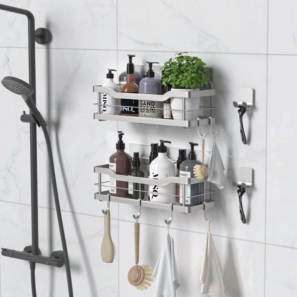 Dracelo 12.6 in. W x 3.43 in. D x 4.33 in. H Silver Shower Caddy Bathroom Shelf 2-Pack Wall Mounted Storage Organizer (2)