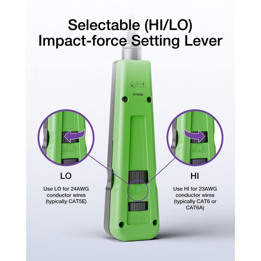 Yichuhaoxi Punch Down Impact Tool Adjustable LO/HI Impact Force 110 66 Blades Ergonomic Handle Network Green 1-Piece (2)