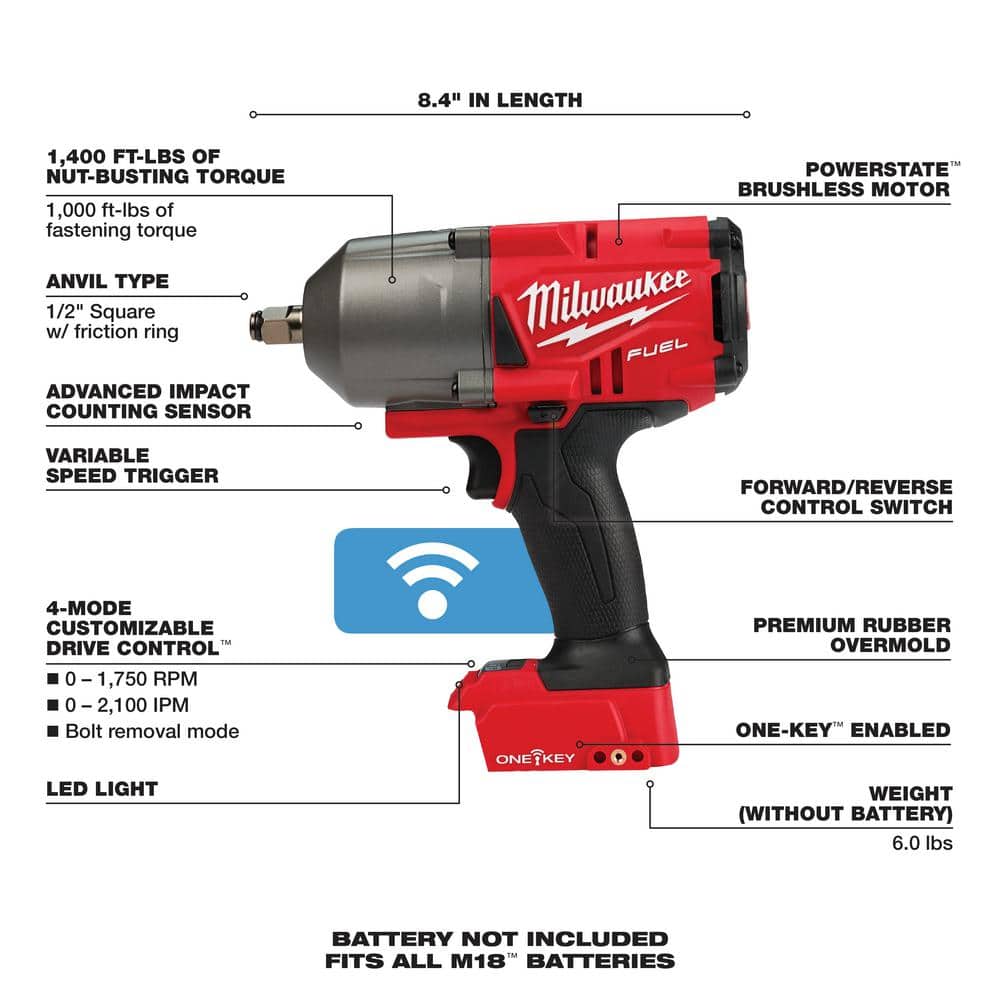 Milwaukee M18 FUEL ONE-KEY 18V Lithium-Ion Brushless Cordless 1/2 in. Impact Wrench with Friction Ring w/ 5.0 Ah Battery (2)