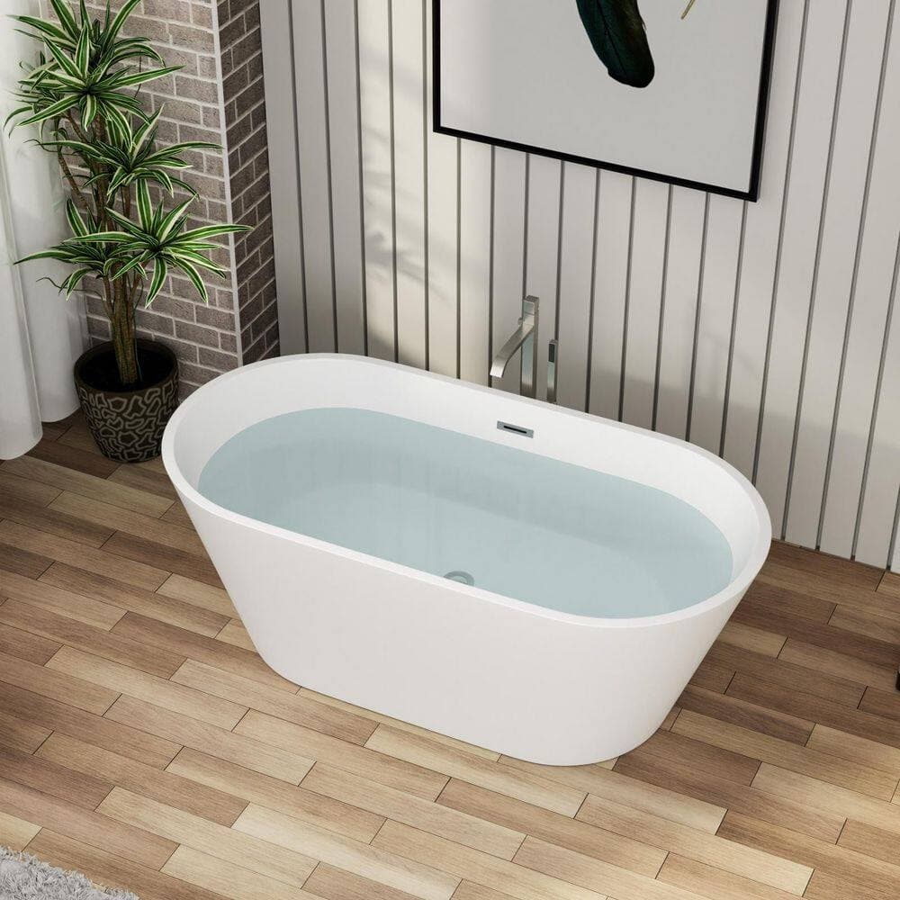 LuckByte 59 in. x 29.5 in. Stand Alone Soaking Acrylic Freestanding Bathtub with Chrome Overflow and Pop-Up Drain in White (2)