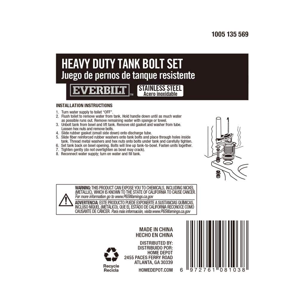 Everbilt 5/16 in. x 3 in. Heavy Duty Stainless Steel Toilet Tank Bolt Set (4)