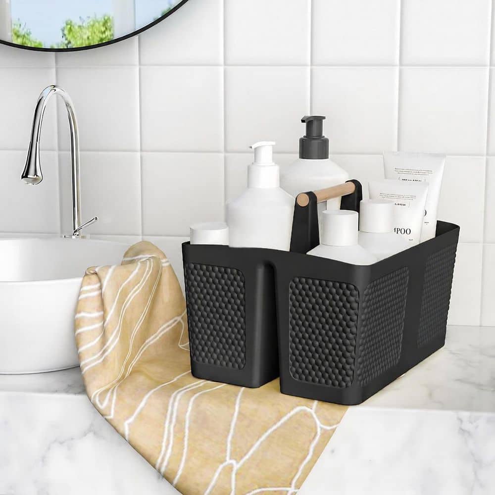 Anqtovp Portable Mount Rust-Resistant Durable Handle Drainage Shower Caddy Organizer in Black for Bathroom Kitchen (2)