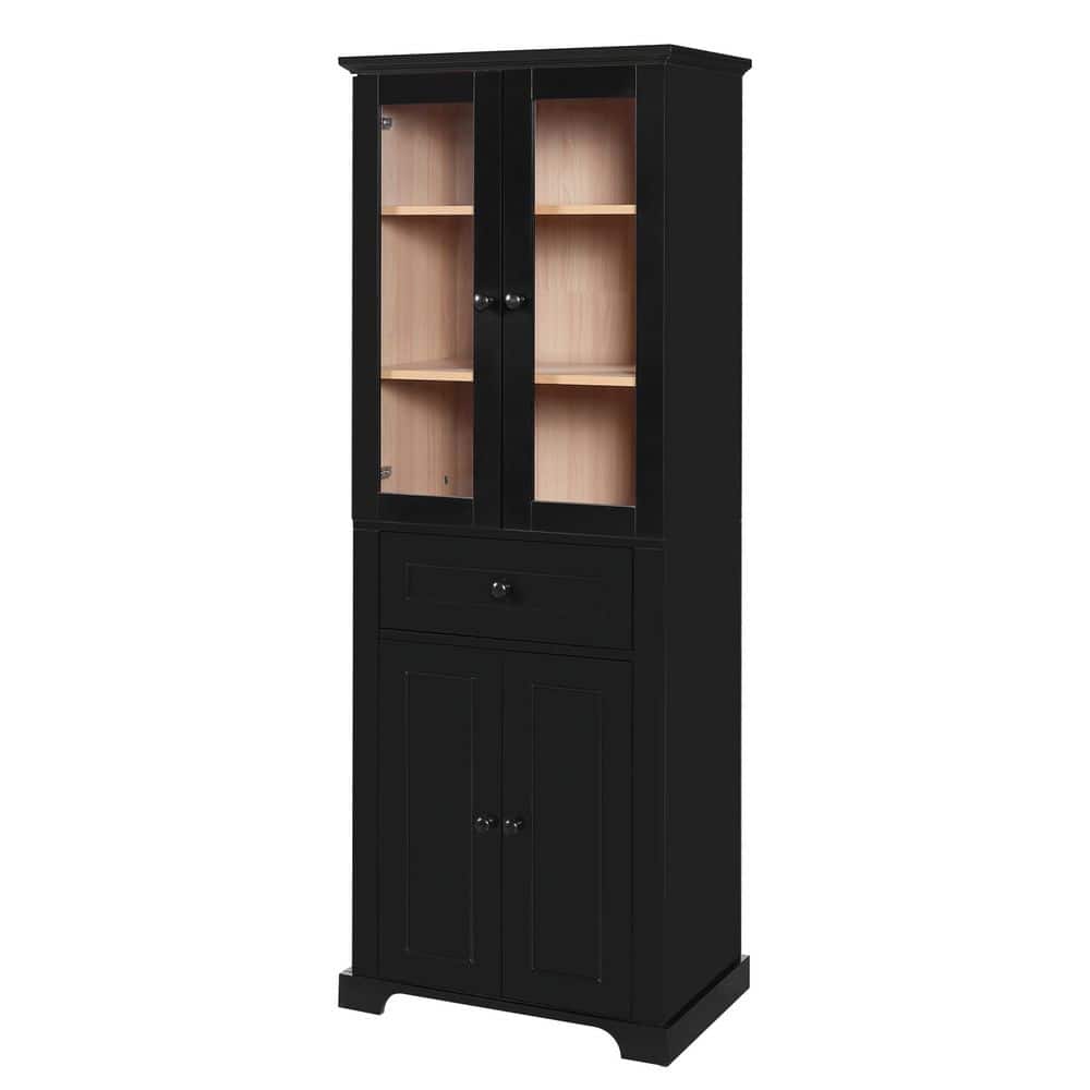 YSQCAR 24 in. W x 15.67 in. D x 67.5 in. H Black MDF Freestanding Linen Cabinet with Tempered Glass Doors, Adjustable Shelves (1)