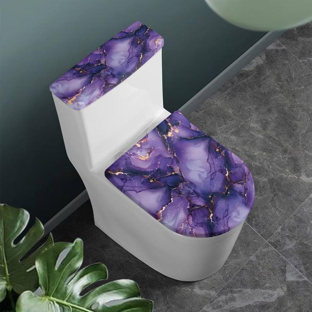 Unbranded Purple Marble Print Toilet Tank and Lid Cover Set, 2-Piece Soft Polyester Bathroom Accessory Set with Elastic Edge (2)
