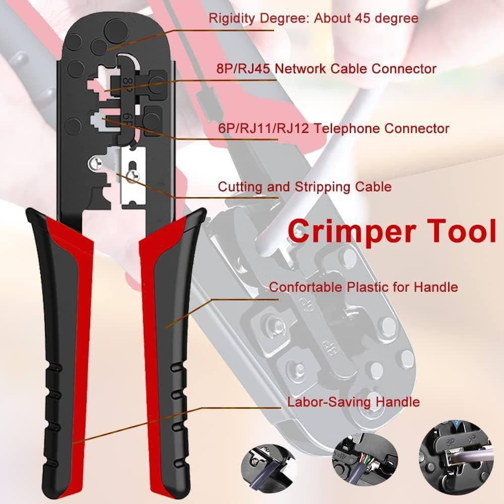 YICHUHAOXI 104-Piece Crimp Tool Set Red Ethernet Network Cable Crimping Tool Kit with Connectors Covers Cutter Stripper (3)