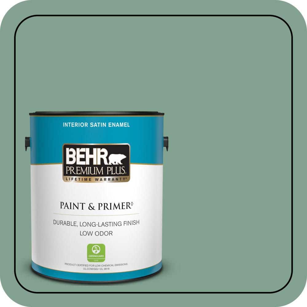 BEHR PREMIUM PLUS 1 gal. #MQ6-11 Mossy Bench Satin Enamel Low Odor Interior Paint & Primer