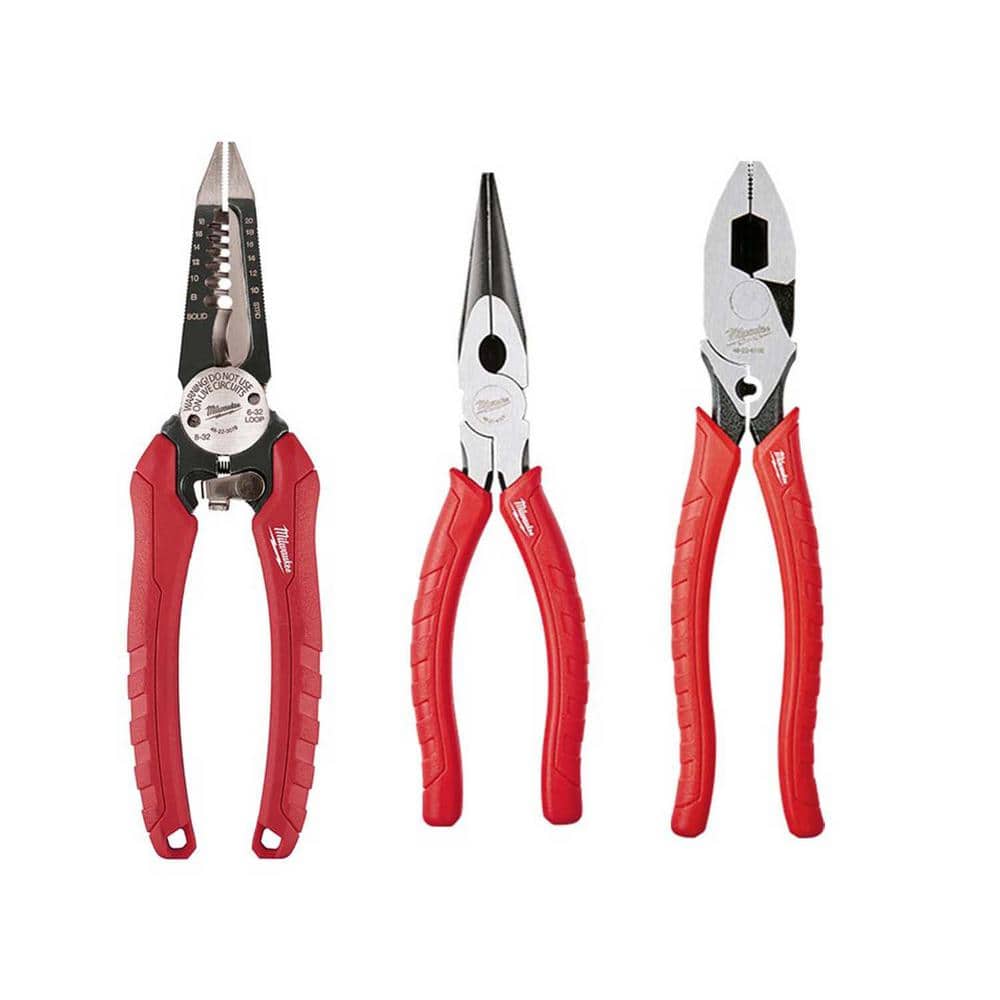 Milwaukee 7.75 in. Combination 6-in-1 Wire Strippers Pliers with Lineman's Pliers with Crimper and Long Nose Pliers Set (3-Piece)