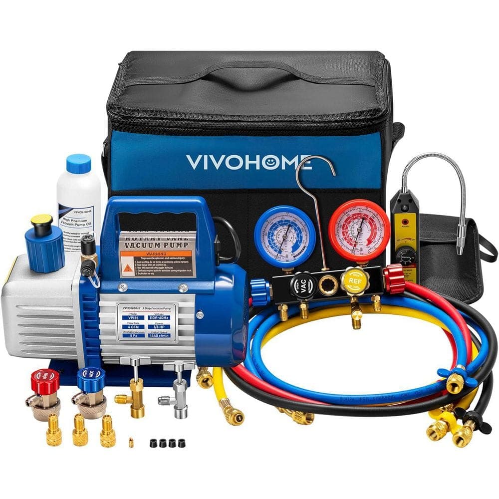 VIVOHOME Upgraded 110V 1/3 HP 4CFM Single Stage Rotary Vane Air Vacuum Pump and 4-Way AC Manifold Gauge Set Kit (1)