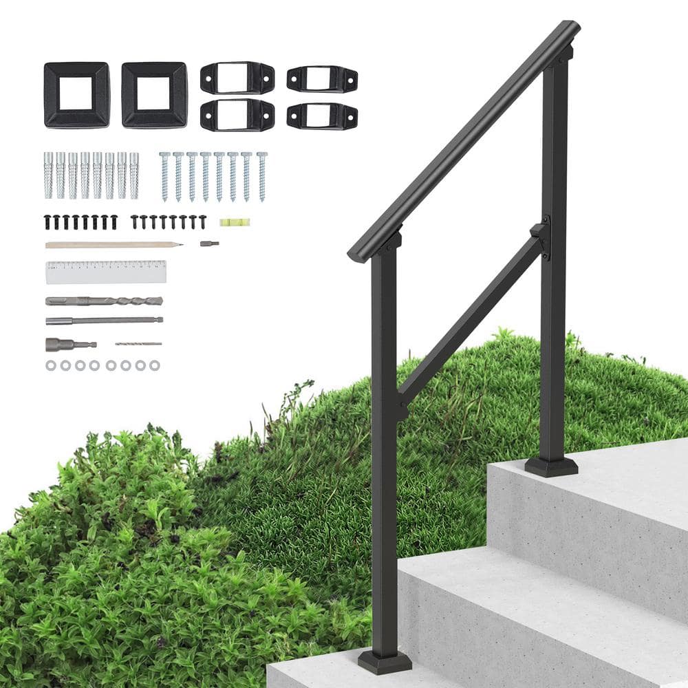 VEVOR Handrails for Outdoor Steps 2-3 Step Stair Hand Rail Kit Transitional Railings Black Tube 36.2 in. H 3.3 in. W Steel (1)
