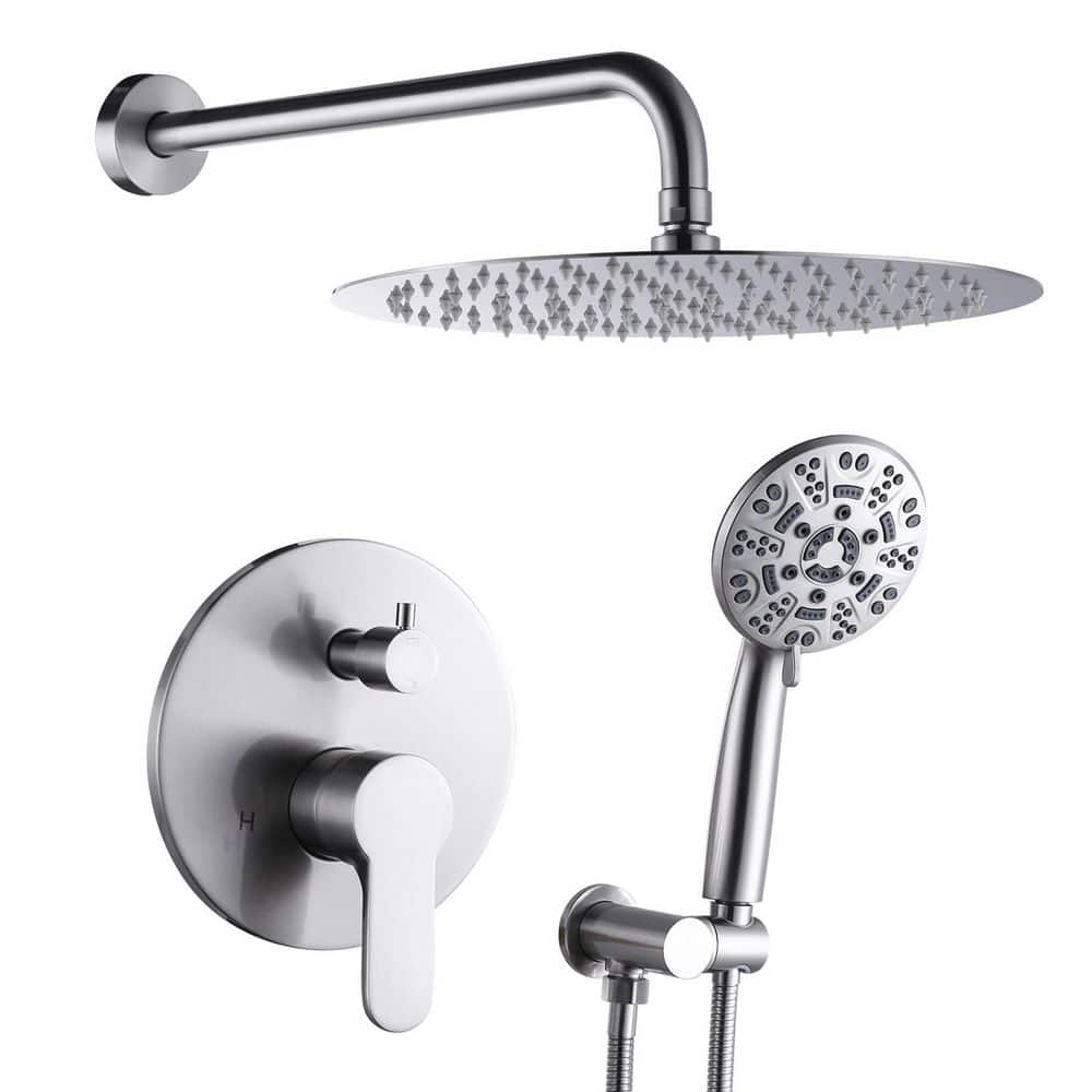 WOWOW 9-Spray Patterns with 1.8 GPM 12 in. Wall Mount Rain Fixed Shower Heads in 12 in. Brushed Nickel (1)