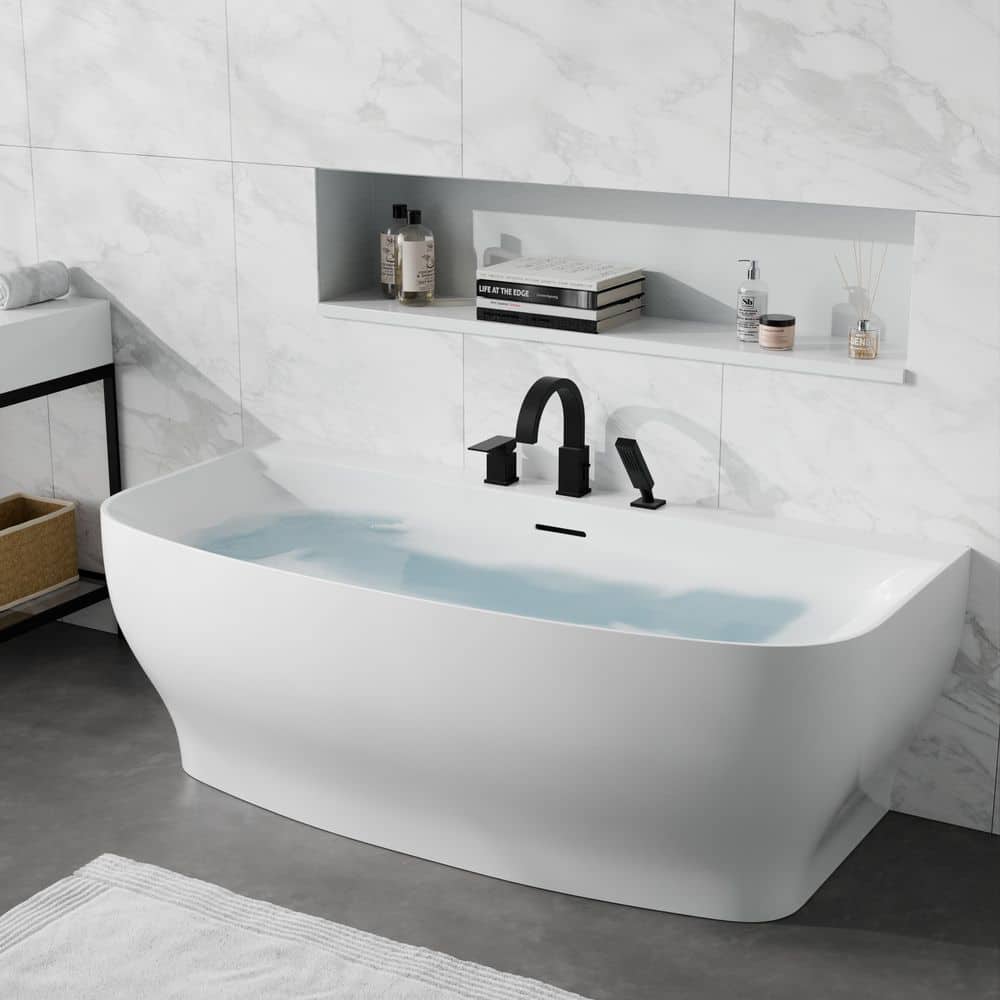 ANZZI Bank Series 65 in. x 31 in. Flat Bottom Acrylic Freestanding Soaking Bathtub with Center Drain, Matte Black Faucet (1)