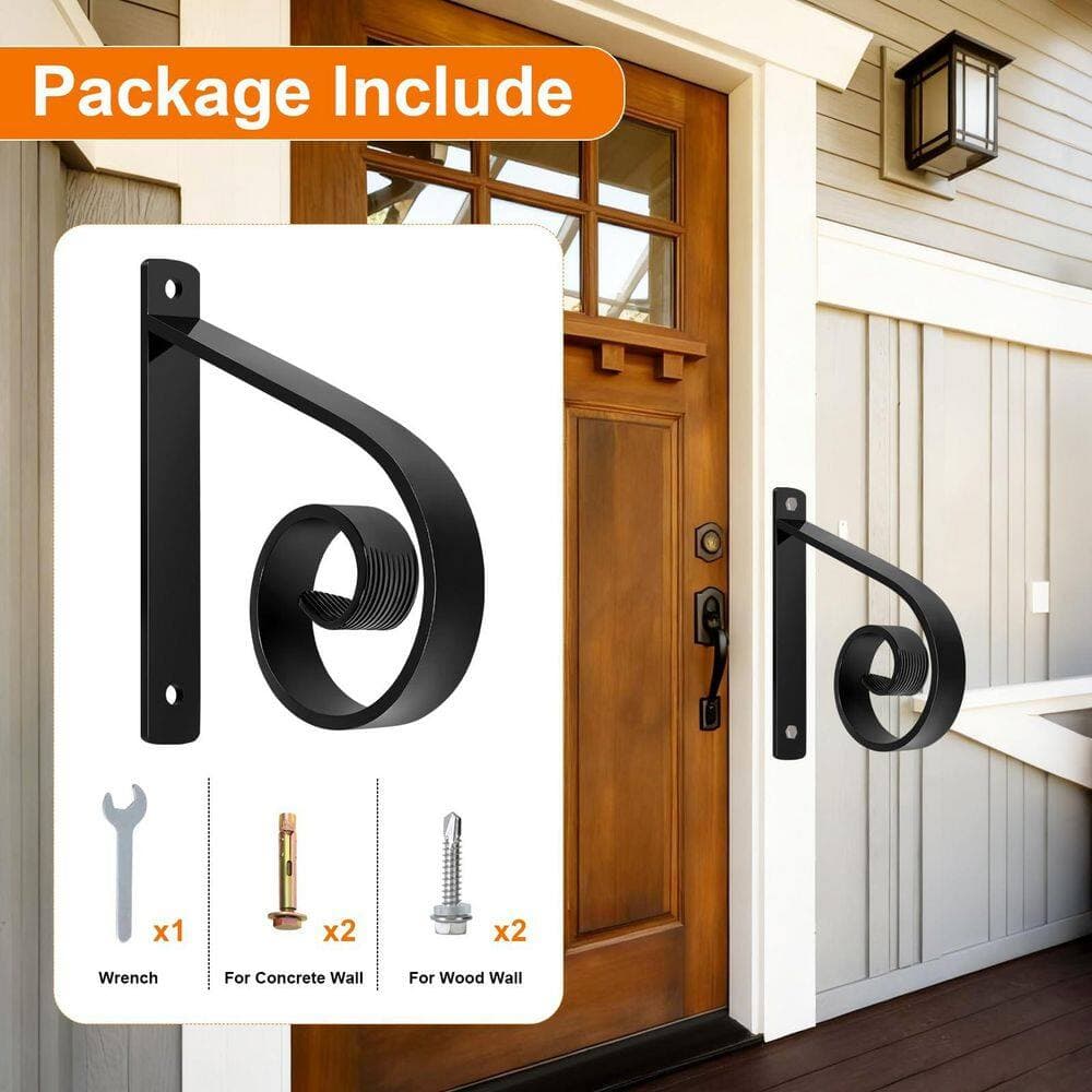 Unbranded 0.85 ft. Black Wrought Iron Handrail for Outdoor Steps Wall Mounted Non-Slip Grip Stair Railings for 1 or 2 Steps (3)