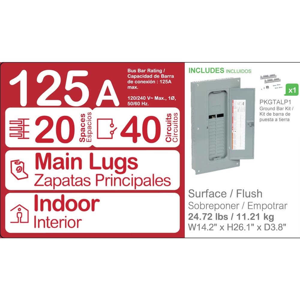 Square D Homeline 125 Amp 20-Space 40-Circuit Indoor Main Lug plug-on neutral Electrical Panel with Cover, Ground Bar (3)