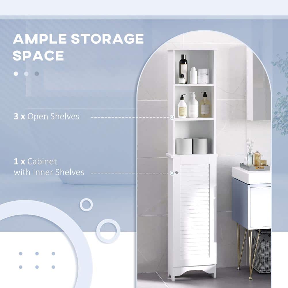 Tileon 65" Tall White Wood Bathroom Storage Cabinet, Freestanding Slim Linen Tower with 1 Door & 3 Adjustable Open Shelves (3)