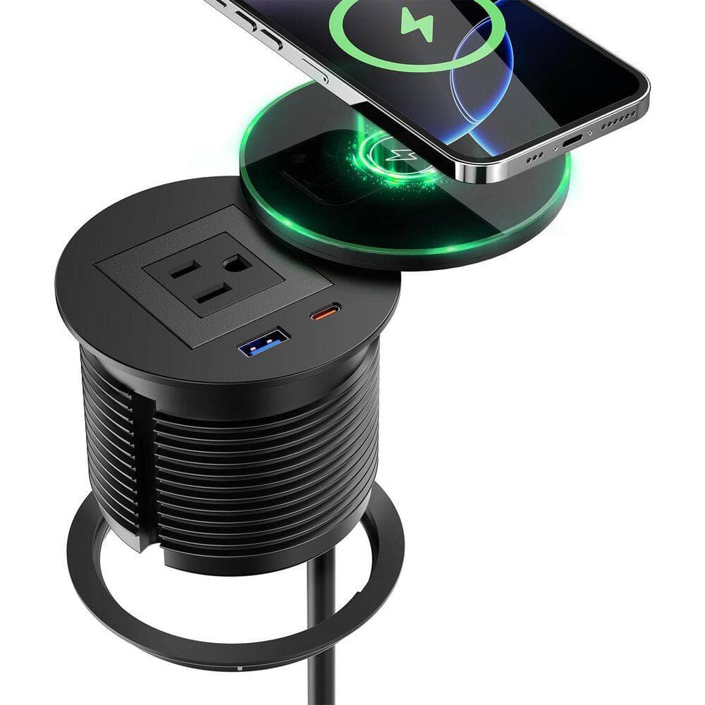 OBJLGEV 6 ft. 1-Outlet 1-Ports USB-A 1-Ports USB-C Desk Power Grommet with 15-Watt Wireless Charger and Extension Cord (3)