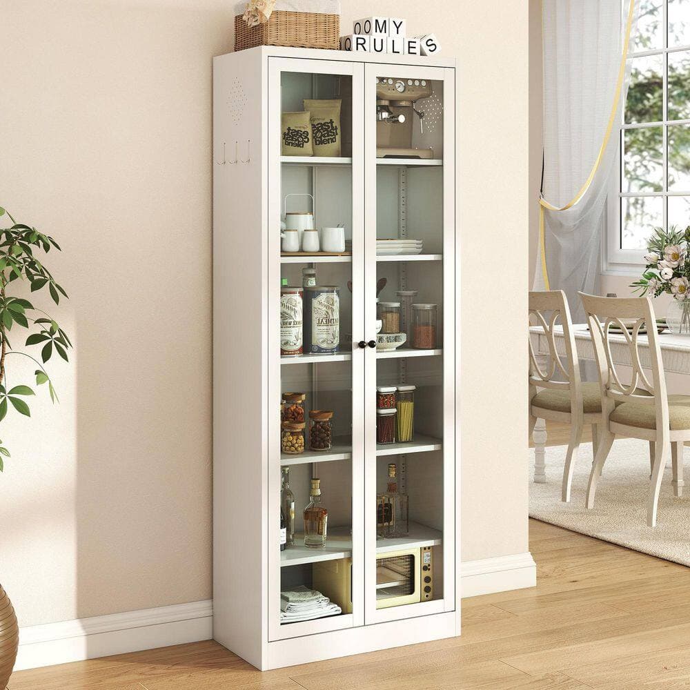 Ximuprmy 27.6 in. W x 13.8 in. D x 72 in. H in White Metal Freestanding Linen Cabinet with Glass Doors, and Magnetic Closure (3)