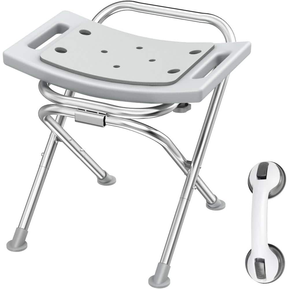 Adrinfly 17.3 in. Stainless Steel Folding Shower Chair Seat with Pad and Assist Grab Bar for Seniors Up to 400LBs in Gray (1)