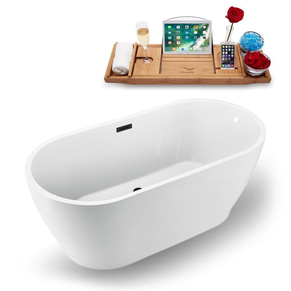 Streamline 59 in. Acrylic Flatbottom Non-Whirlpool Bathtub Glossy White with Matte Black Drain and Overflow Cover (2)