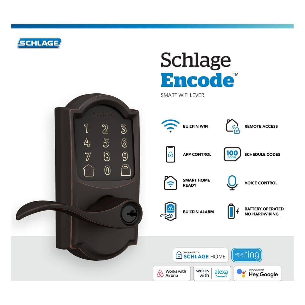 Schlage Camelot Aged Bronze Electronic Encode Smart WiFi Accent Lever with Alarm (2)