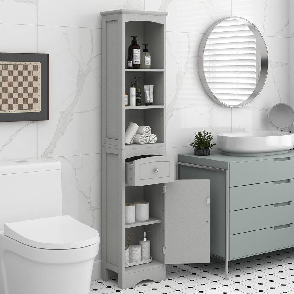 FORCLOVER 13-2/5 in. W x 9 in. D x 67 in. H Gray Wood Free Standing Bathroom Linen Cabinet with Drawer and Adjustable Shelf (2)