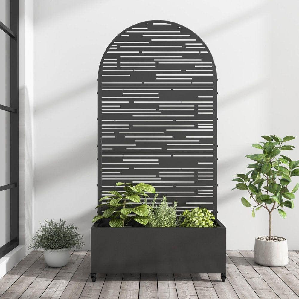 Unbranded 72 in. x 35 in. Arch Black Outdoor Metal Privacy Screen Raised Planter Box Wall Decor