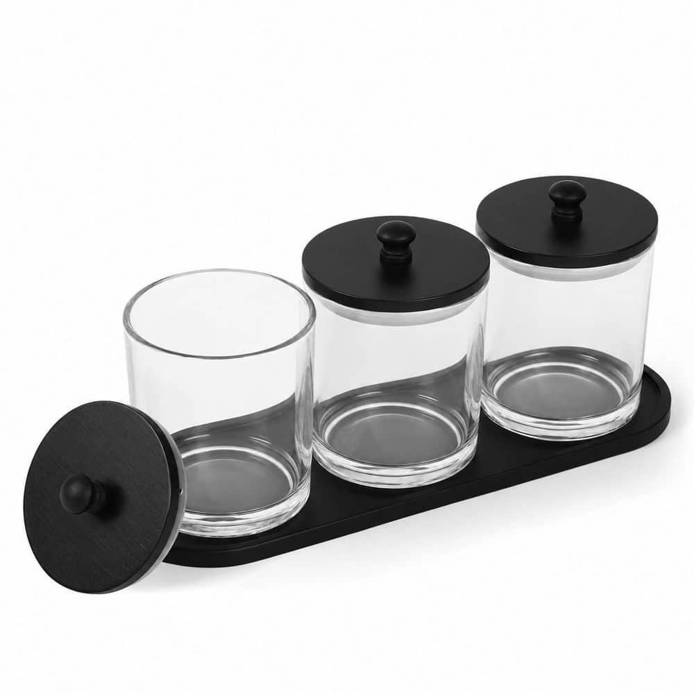 KHKFY Set of 3 Clear Glass Cotton Round Pad and Qtip Holders with Sealed Black Lids and Waterproof Non-Slip (1)